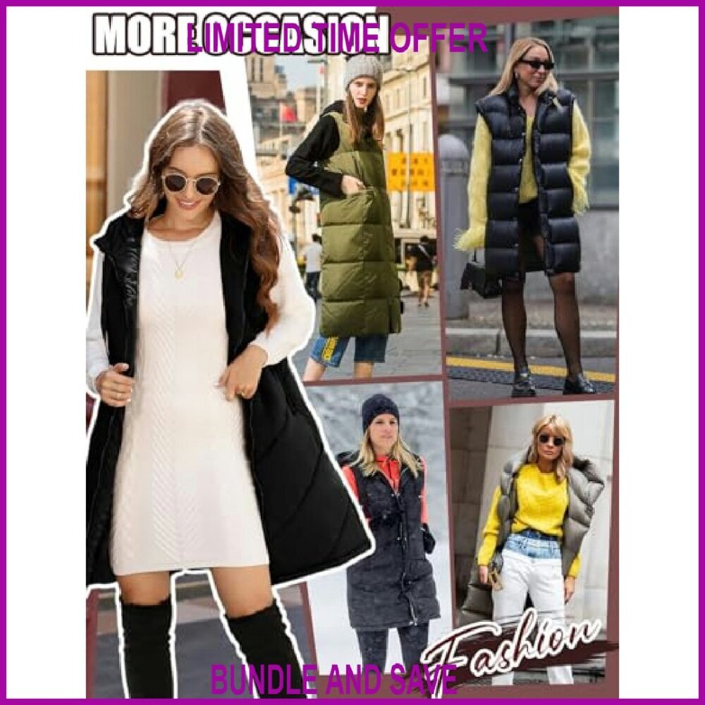 Women's Long Puffer Vest Hooded Sleeveless Quilted Winter Jacket with Pockets - Picture 5 of 8